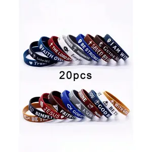 20-Piece Bible Verse Design Silicone Bracelet Set, Multi-Color Matching, Inspirational De-Stress Sports Running Bracelet (Random Color)