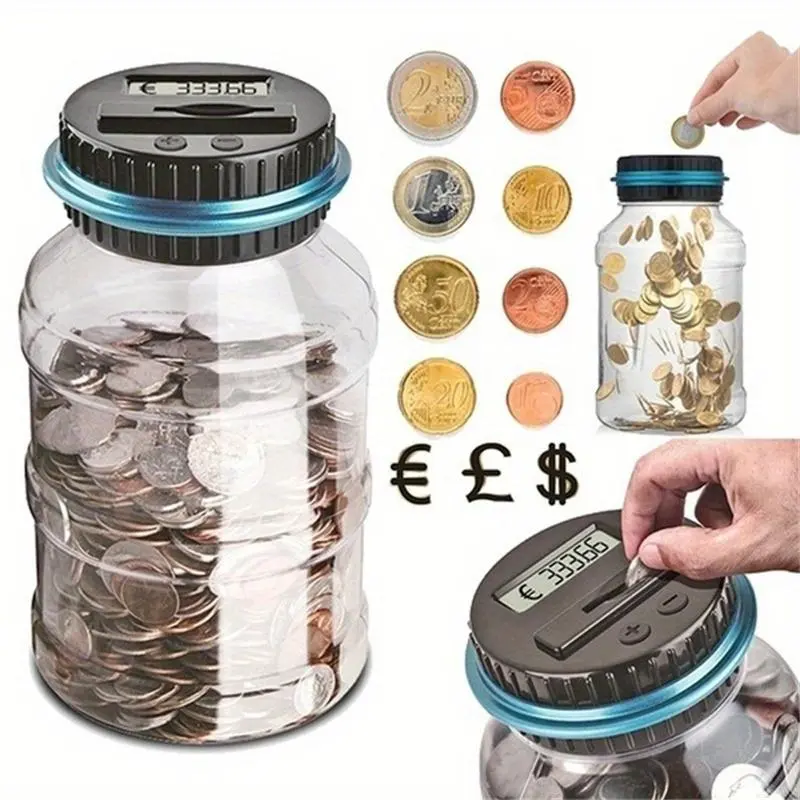 1pc Large Automatic Coin Counting Jar, Coin Counter with LCD Screen - Clear Glass Money Saver, Cash Saving Box with Digital Display, Black ABS Lid & Base, Perfect for Halloween, Thanksgiving, or New Year Gifts, Money Storage Jar