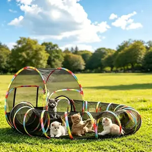 2 in 1 Outdoor Cat Enclosure, Scalable Portable Pop Up Cat Tent with Mesh Tunnel, Storage Bag & Toy Ball, Catio Playground for Outside Cats, Rabbits & Small Puppies