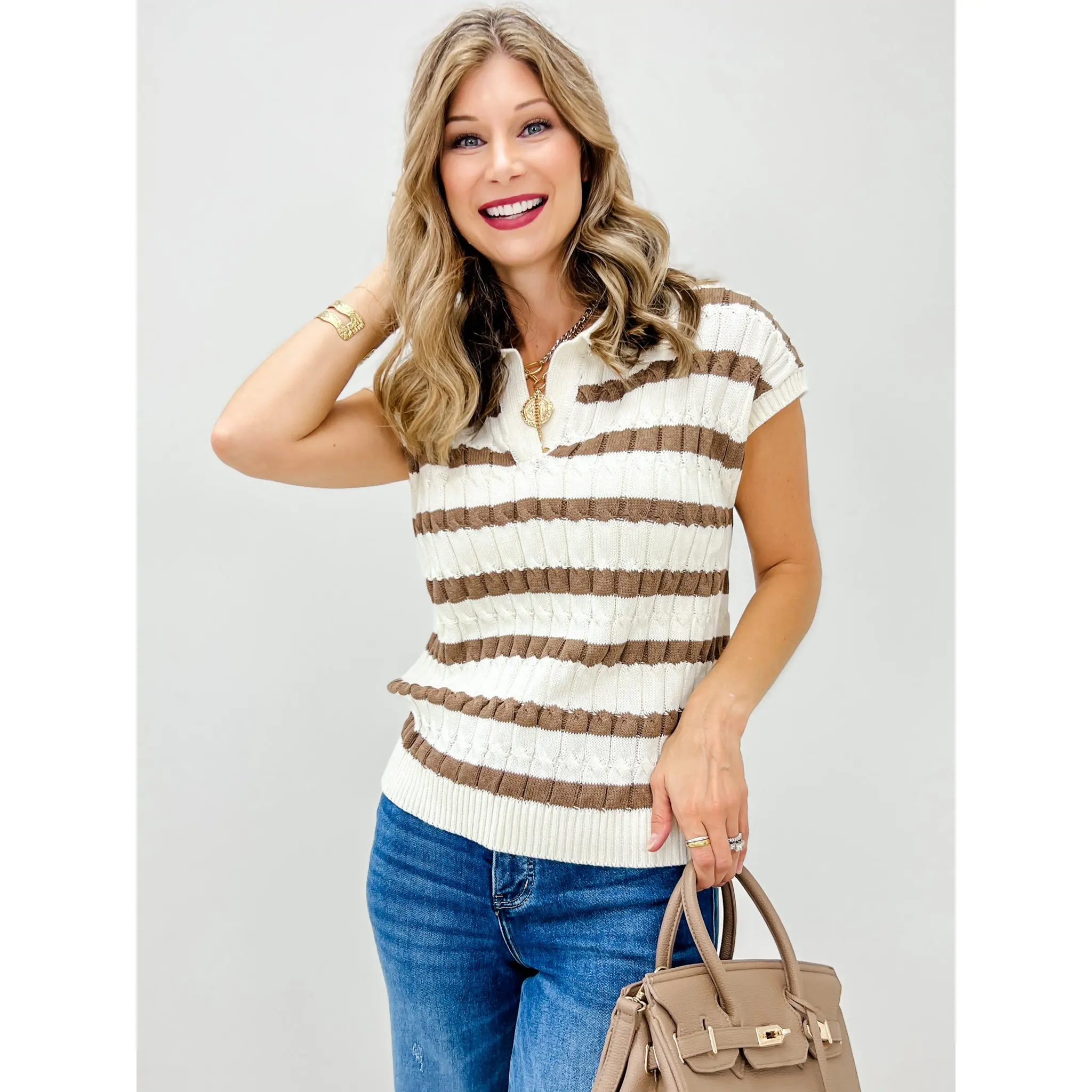 Textured Stripe Collared Sweater Top