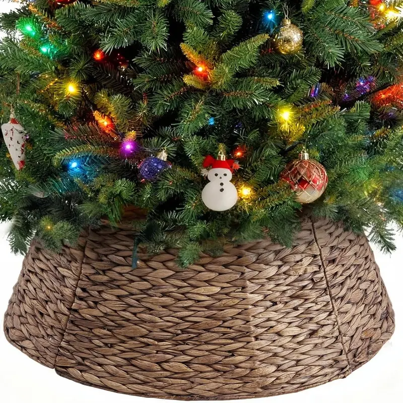 24/36/42in Christmas Tree Collar for 4–7ft Trees, Woven Water Hyacinth Rattan 4-Panel Base Cover with Cord Access, Easy Lock Design