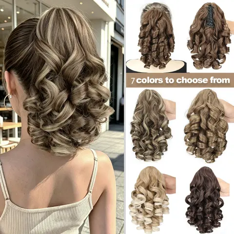 NICESY Women's 16in Curly Clip Ins Hair Extensions - Heat-Resistant Pre-Curled Synthetic Clip-In Hairpiece with Pre-Styled Wefts, Fake Ponytail Compatibility, Quick Hairstyle Solutions for Music Festivals, Daily Use