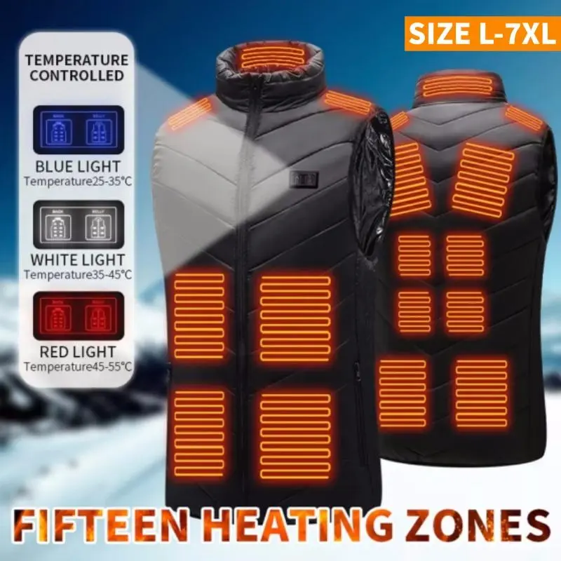 Men's Unisex Heated Vest - USB Electric Polyester Blend Gilet with 15 Heat Zones, 3-Temp Control, Back Heating, Cold Wash, Anti-Water Splashing, Basic Casual, 2XL, 3XL, Washable for Winter Outdoor Use