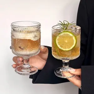 Vintage Embossed Lead Free Borosilicate Ribbed Glass Cup, Food Grade BPA Free Reusable Clear Drinkware, Drinking Glasses, Glassware, Dishwasher & Microwave Safe Creative Drinking Cups for Coffee Iced Tea Home Kitchen Party Office Bar Wedding Daily Use