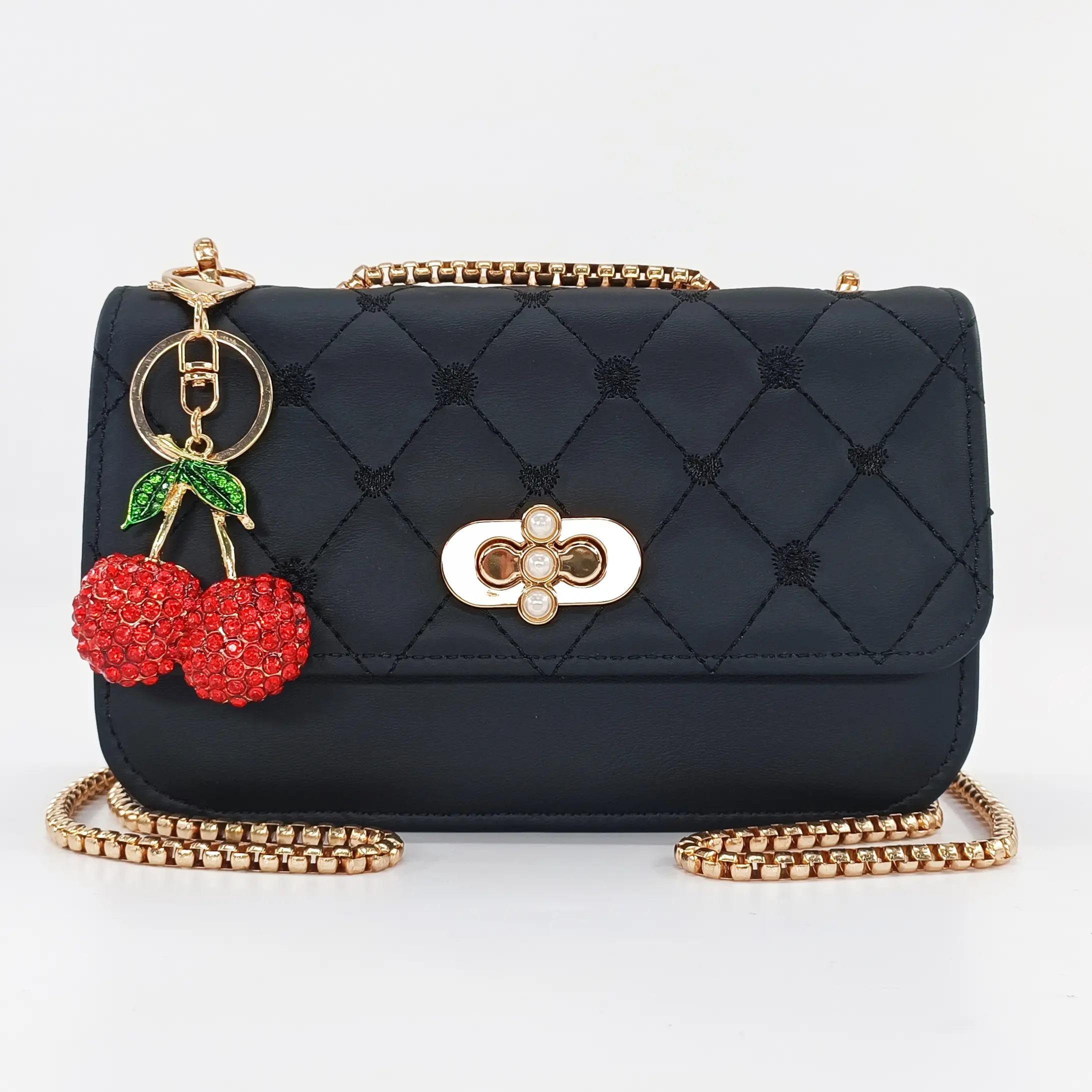 Women's Elegant Quilted Crossbody Bag, Small Diamond-Stitch Hand Bag with Pearl-Decorated Lock and Sparkling Fruit Charm, Bags For Women, Hand Bags
