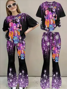 Women's Casual Set, Base + Meteor & Snowflake Glitter Graphic Short Sleeve Tee + Gradient Sequins Flared Bell Bottoms