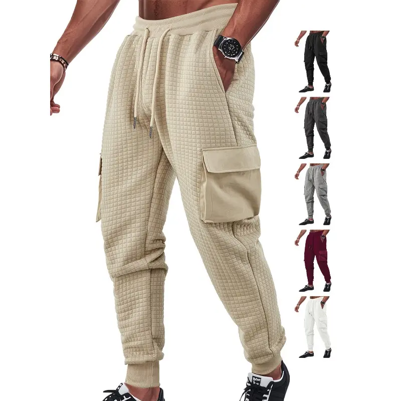 Men's Beige Quilted Cargo Joggers With Drawstring Waist Functional Pockets Casual Trendy Pants For Spring Autumn Gym Workouts Daily Errands Street Style Ideal For Active Guys