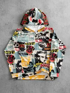 Men's Streetwear Graffiti Hoodie, Vintage Rock Style Jacket, Full Print Loose Fit Long Sleeve Long Pullover, Spring & Fall Casual Wear