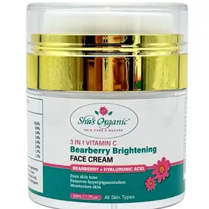Sha's Organic Skincare Bearberry Brightening Face Cream with Vitamin C Hyaluronic Acid & Shea Butter for Anti-Aging Moisturizing Skincare 50g