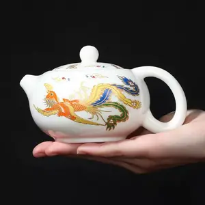 Dragon Phoenix White Ceramic Teapot Chinese Style Tea Set