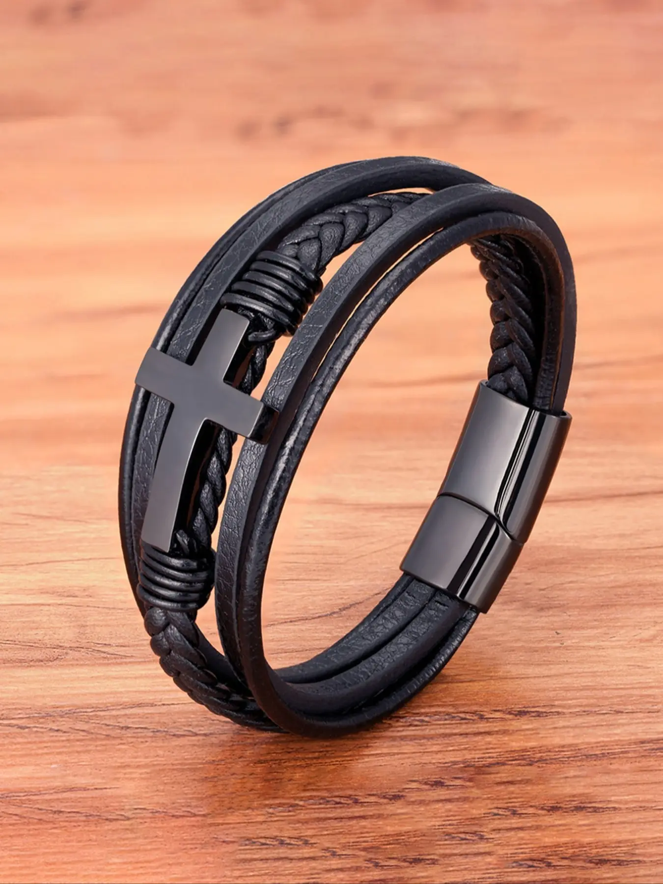 Luxury Cross Design Classic Stainless Steel Men's Cowhide Leather Braided Bracelet 19/21/23cm, Fashionable Christmas Gift Option, Cross Charm Bangle, Trendy Bangle, Fashionable Bracelet Style, Bangle Jewelry
