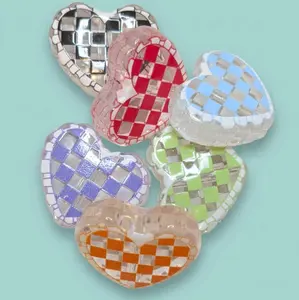 Set of Two Acrylic Bead Hearts - Vibrant Checkerboard Patterns for Crafting & Decor