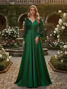 Elegant Sequined V-Neck Long Sleeves Maxi Dress, Luxurious Style, Perfect for Evening Parties, Celebrations, Formal Events