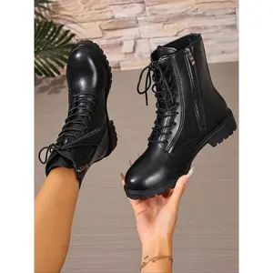 Women's Waterproof Ankle Boots, Side Zip Design, Lace-Up Combat Boots for Walking and Work, Fashion Leather Platform Short Boots, Western Leather Boot