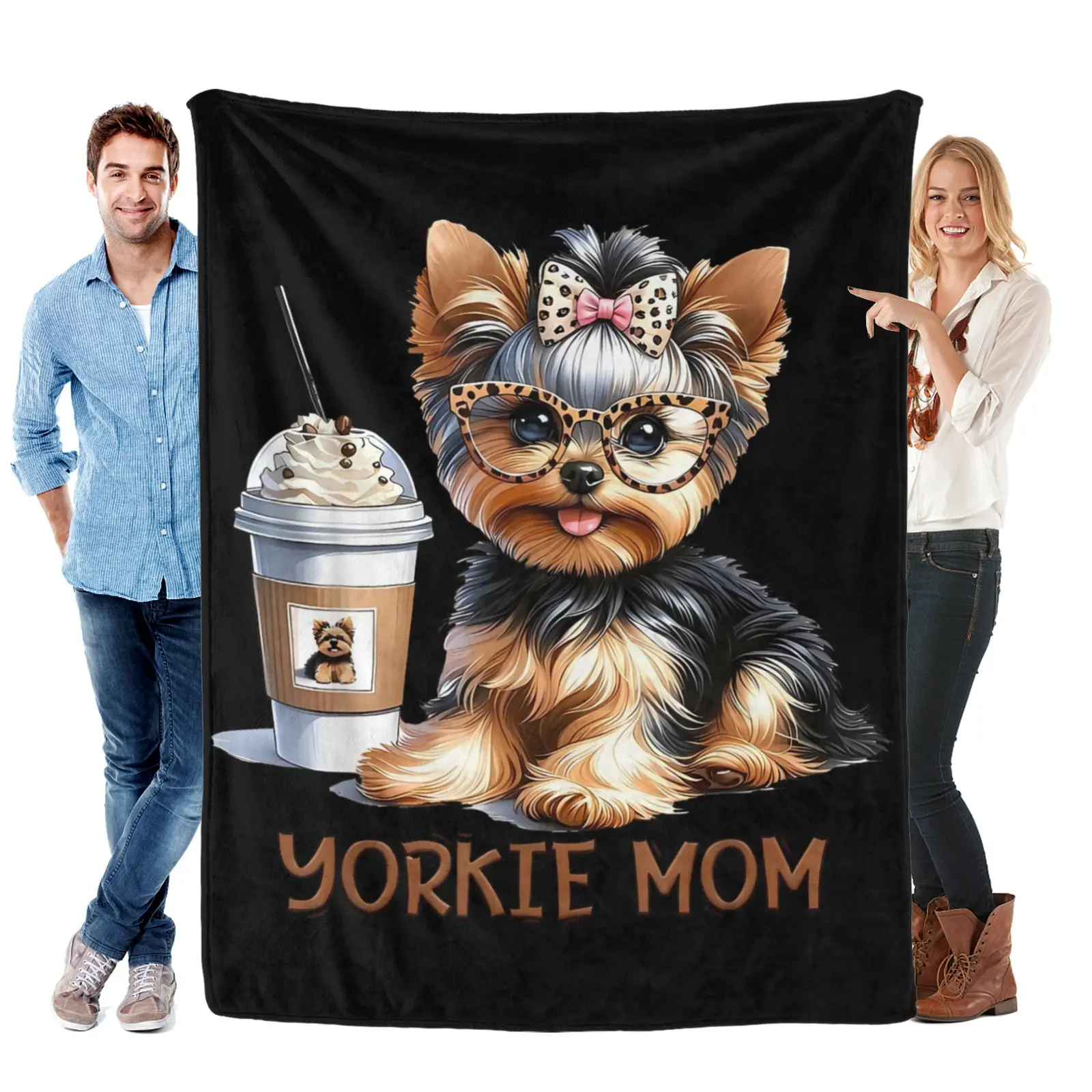 Cute Yorkie Mom Coffee Latte Iced Cream Yorkie Dog Mama Flannel blanket Super Soft Flannel Blanket for Sofa Couch Bed Camping Travel - Plush Warm Home Decor for All Seasons