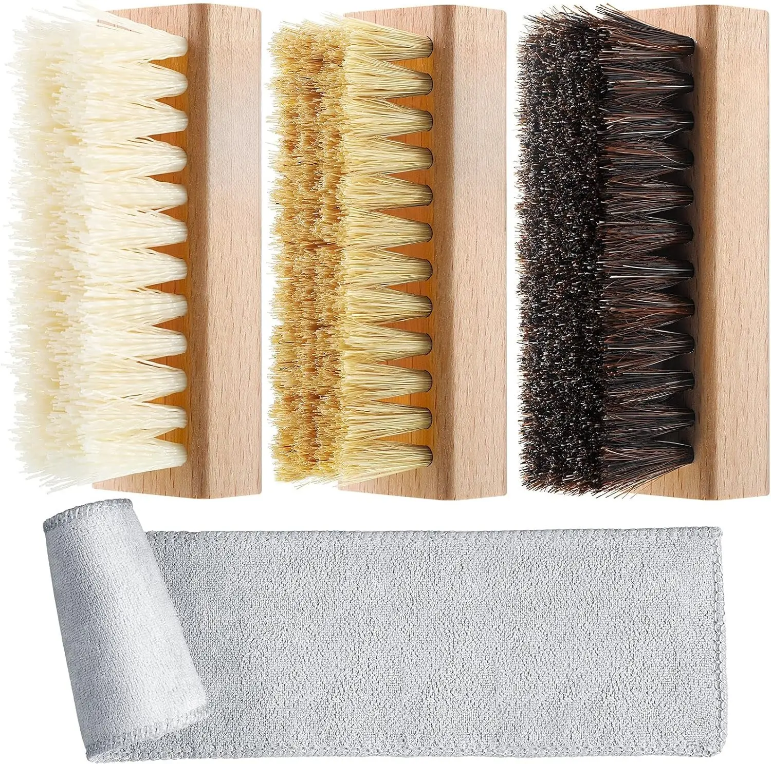 3-Count Dual-Sided Shoe Care Kit for Cleaning Leathers and Fabrics, Home Care Supplies with Multi-Bristles (Hair and Plastic) Brush Set and Microfiber Cloth (B), Footwear Cleaner