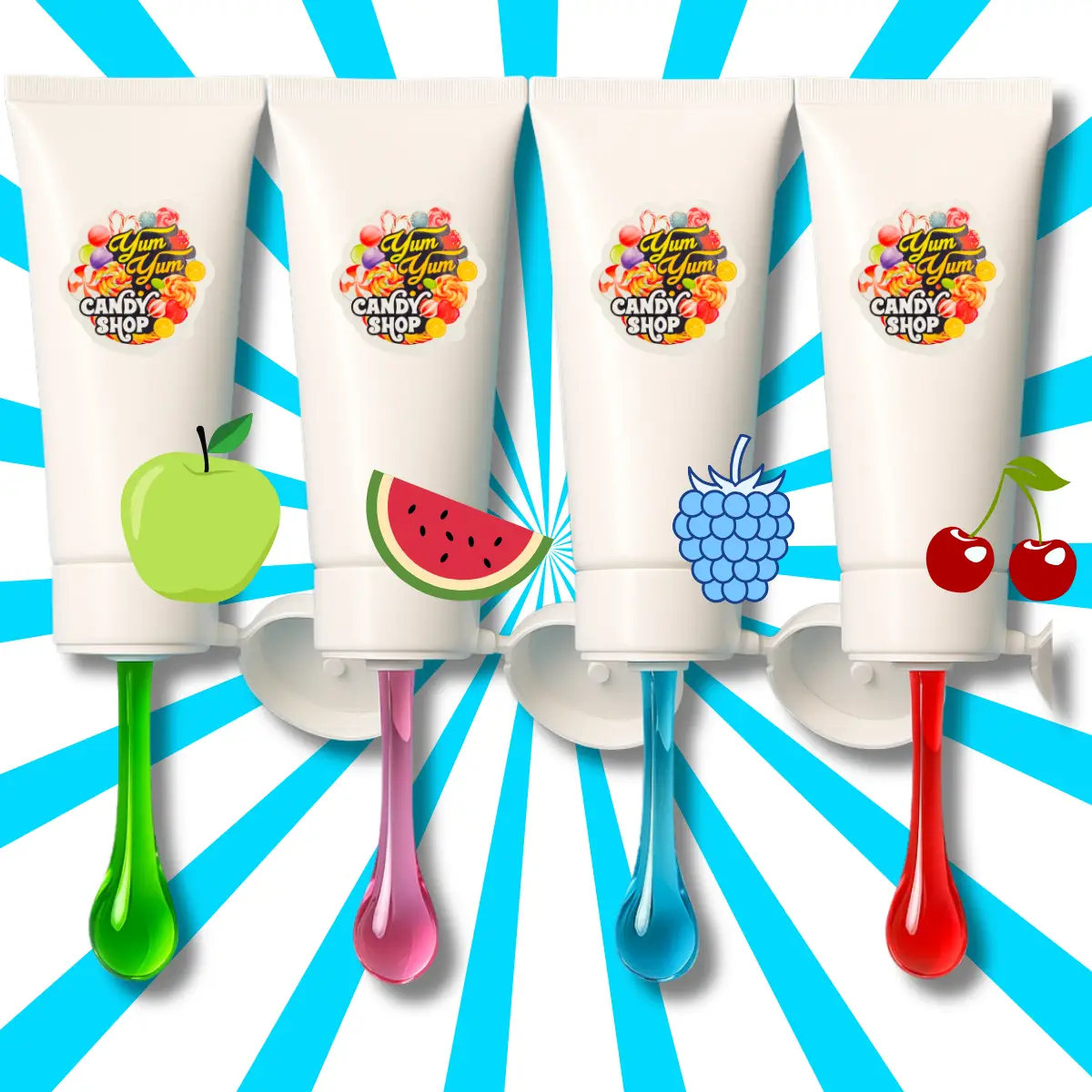 Ooey Gooey Tubes Liquid Candy Ooze Sweet & Sour Flavors Gummy Candy & Dessert Topper Blue Raspberry - Green Apple - Watermelon - Cherry