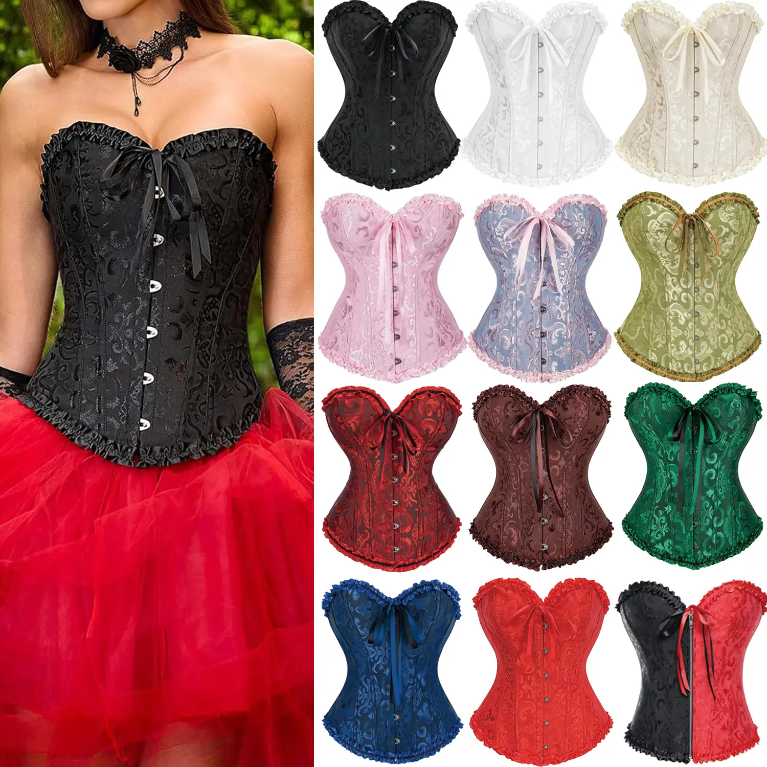 Women's Lace Up Boned Overbust Burlesque Basque Corset Shapewear Lingerie Bustier Corset Top, Waist Trainer Cincher Push Up Bodyshaper, Pirate Corset, Steampunk Corset, Punk Corset, Halloween Costume Corset Plus Size S-6XL