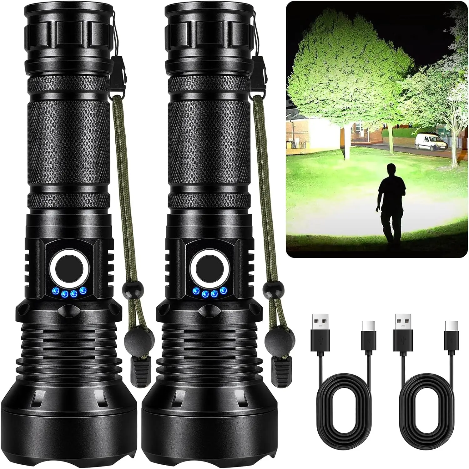 Unisex Rechargeable High-Lumen LED Flashlights (2-Pack) - 90000 Lumens Super Bright, 5 Modes, IPX7 Waterproof, Handheld LED Light with USB Cable for Home & Emergency Use
