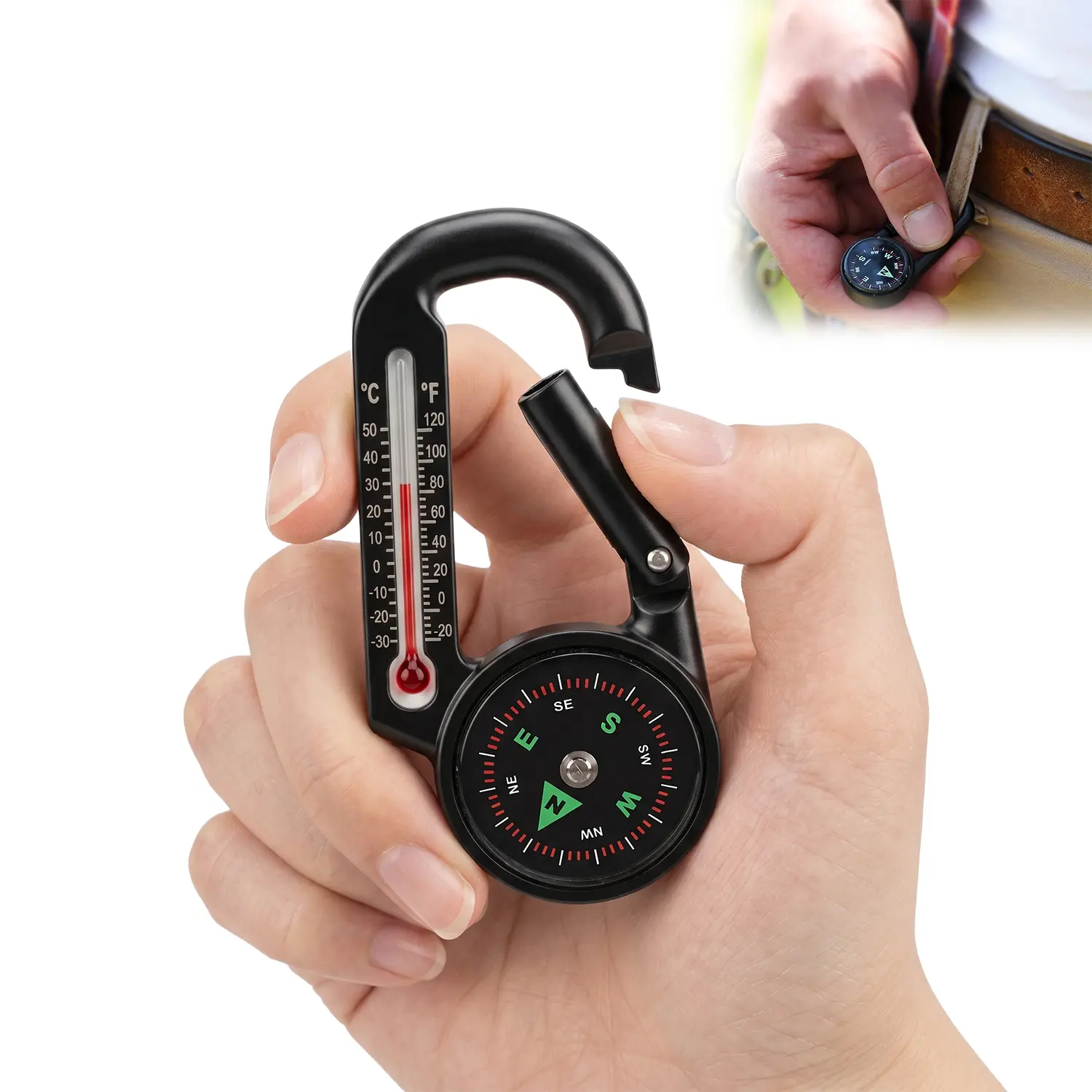 Mini Carabiner Compass Thermometer Keychain, 3-in-1 Outdoor EDC Tool with Compass & Temperature Gauge, Lightweight Camping Backpack Clip Gadget, Hiking Survival Accessory Gift for Men Women