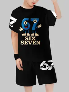 Boys' Cartoon Number 67 Fun Trendy Set, Cool Short Sleeve Two-Piece, Casual Fitted Style, Youth Fashion Clothing, Outfit