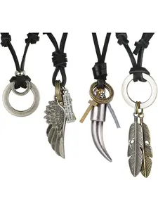 4 Pcs Leather Necklace for Men Women Vintage Style Tribal Wolf Tooth Pendant Necklace Angel Wing Feather Necklace Chain Adjustable