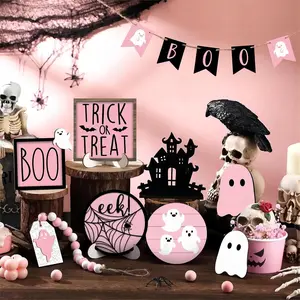 【2D Flat】Halloween Boo 13 PCS Decor Set, Wooden Signs, Trick Or Treat, Cute White And Pink, Suitable for Indoor&Outdoor, Dining Table, Room, Party Display, Halloween Table Centerpiece, Rustic Spooky Tabletop Decor, Holiday Accessories, Party favor