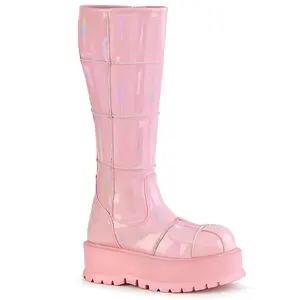 Demonia Slacker-230 Baby Pink Hologram Patent Knee-high Boots