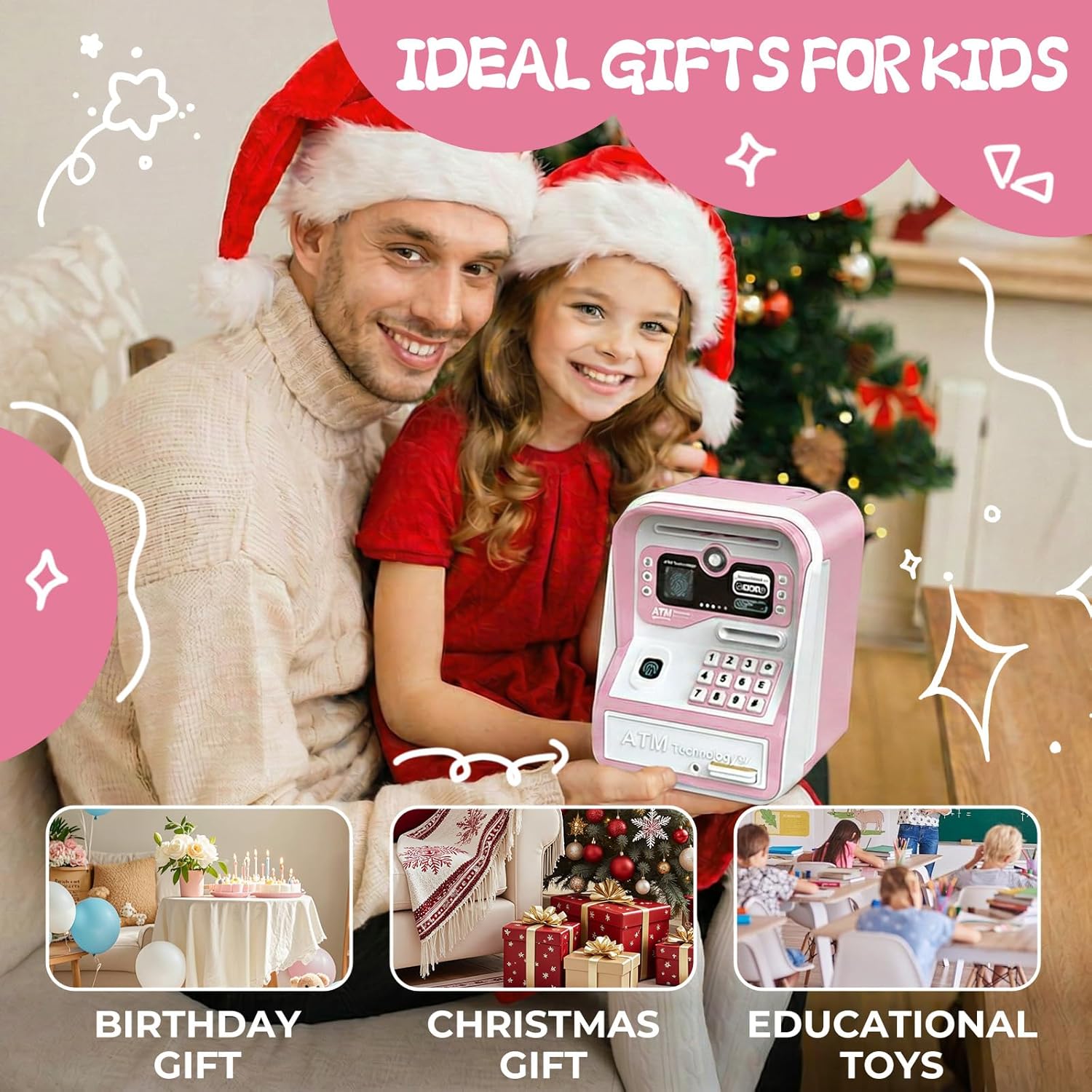 Piggy Bank for kids, Large Capacity Coin Bank Money Jar, Electronic ATM Coin Cash Bank with Password Code Lock and Auto Grab Bill Slot – Summer Gift & Children's Day Gift Cash Saving Box