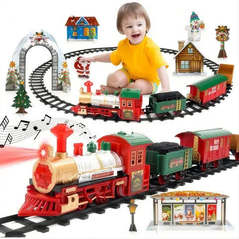 Unisex Rechargeable Plastic Electric Train Track Set for 3-4 Years - Retro Classic Locomotive Engine, Cargo Car, Long Track, Smoke, Lights & Sounds - Kids' Holiday Gifts (Christmas, Birthday, Boys' Christmas Inclusions), Christmas Gifts