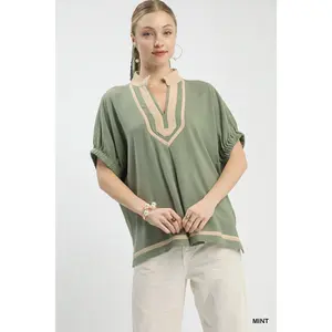 Umgee Linen Contrast Trim V-Neck Blouse
