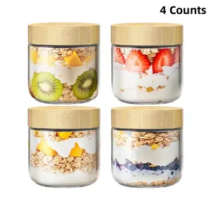 4 Counts Overnight Oats Containers with Bamboo Lids, Glass Jars with Airtight Lids for Meal Prep, Wide Mouth Mason Salad Jars, Glass Food Storage Container for Yogurt Chia Snacks Spice Sugar