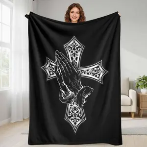 Praying Hands Cross Flannel Blanket with Artistic Religious Graphic Print Soft Cozy Warm Lightweight Perfect for Bedroom Living Room Church Meditation Area Spiritual Gift