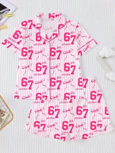Girls Striped Bow Print with #67 Short Sleeve Pajama Set, Button Front Loungewear, Perfect for Weekend Movie Nights & Sleepovers, Sleepwear Pajamas