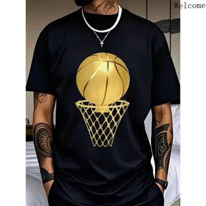 Men's Basketball Graphic T-Shirt Black Golden Hoop Design Crew Neck Tee Casual Sports Fan Shirt for Men