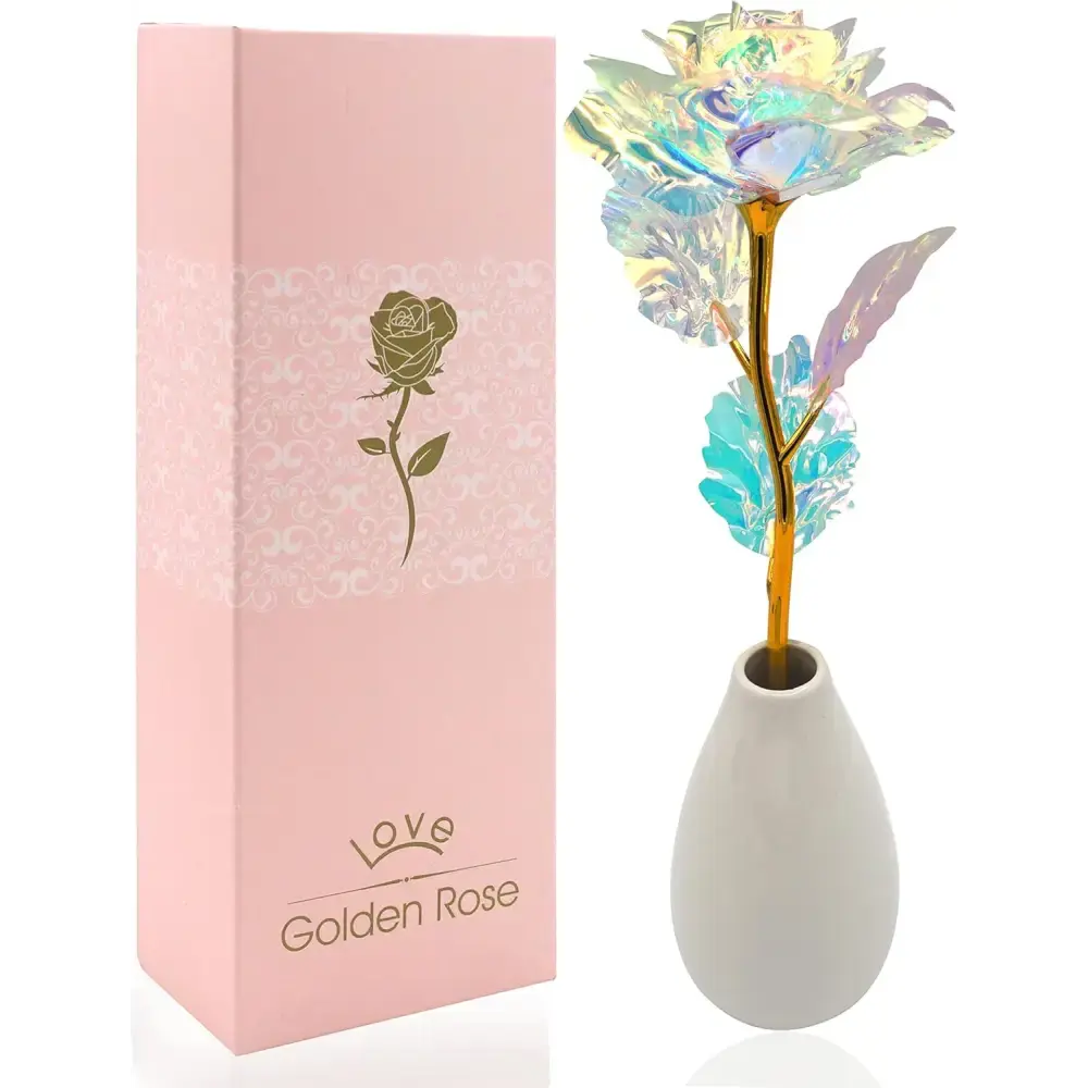 4E's Novelty Galaxy Crystal Rose – Iridescent Forever Rose with Heart Stand & Gift Box