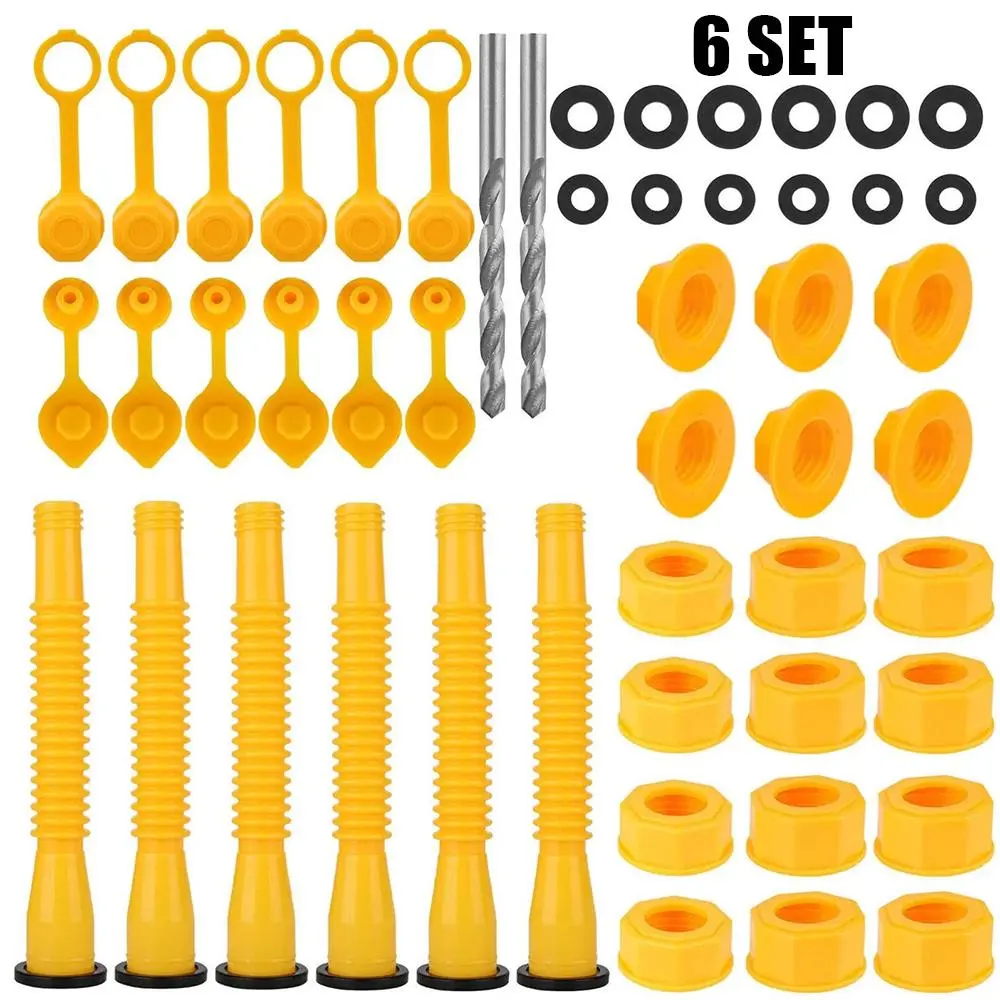 Old Style Gas Can Spout Replacement Kit - 6 Fuel Nozzles with Threaded Caps, 6 Rubber Gasket Sets, 1.7-1.82in Mouth, Leakproof Anti-Overflow Vent Kit (Type A & B Vents), Universal Fit, Easy Installation for Outdoor Fueling, Prevents Spill
