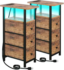 Narrow End Tables Living Room Set of 2 with  Station, Skinny Side Table with Fabric Drawers, Slim LED Nightstand for Bedroom, Small Spaces, Couch, Rustic Brown, HETNDP03LPBR