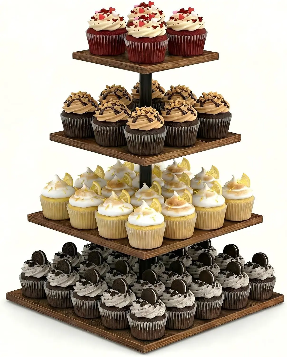 Wooden 4 Tier Cupcake Stand for 50 Cupcakes,Cupcake Holder,Cupcake Tower,Tiered Tray Stand for Birthday Bar Décor Weddings,Parties Events, Dark Brown