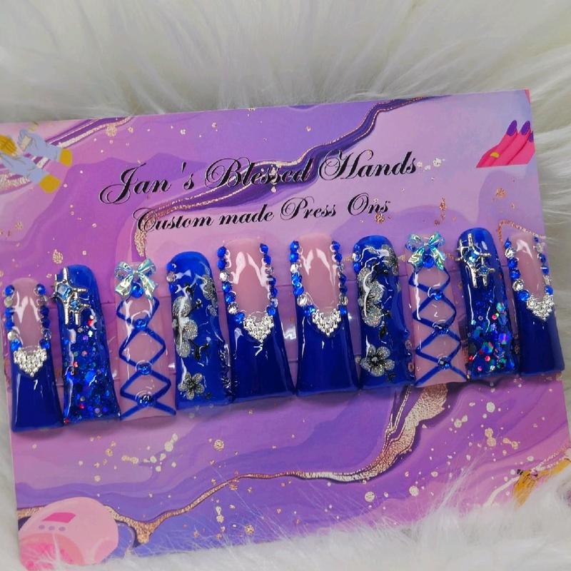 Jan's Custom Made Press On Nails - XL Pink and Blue Valentines Day Duckie Press On set