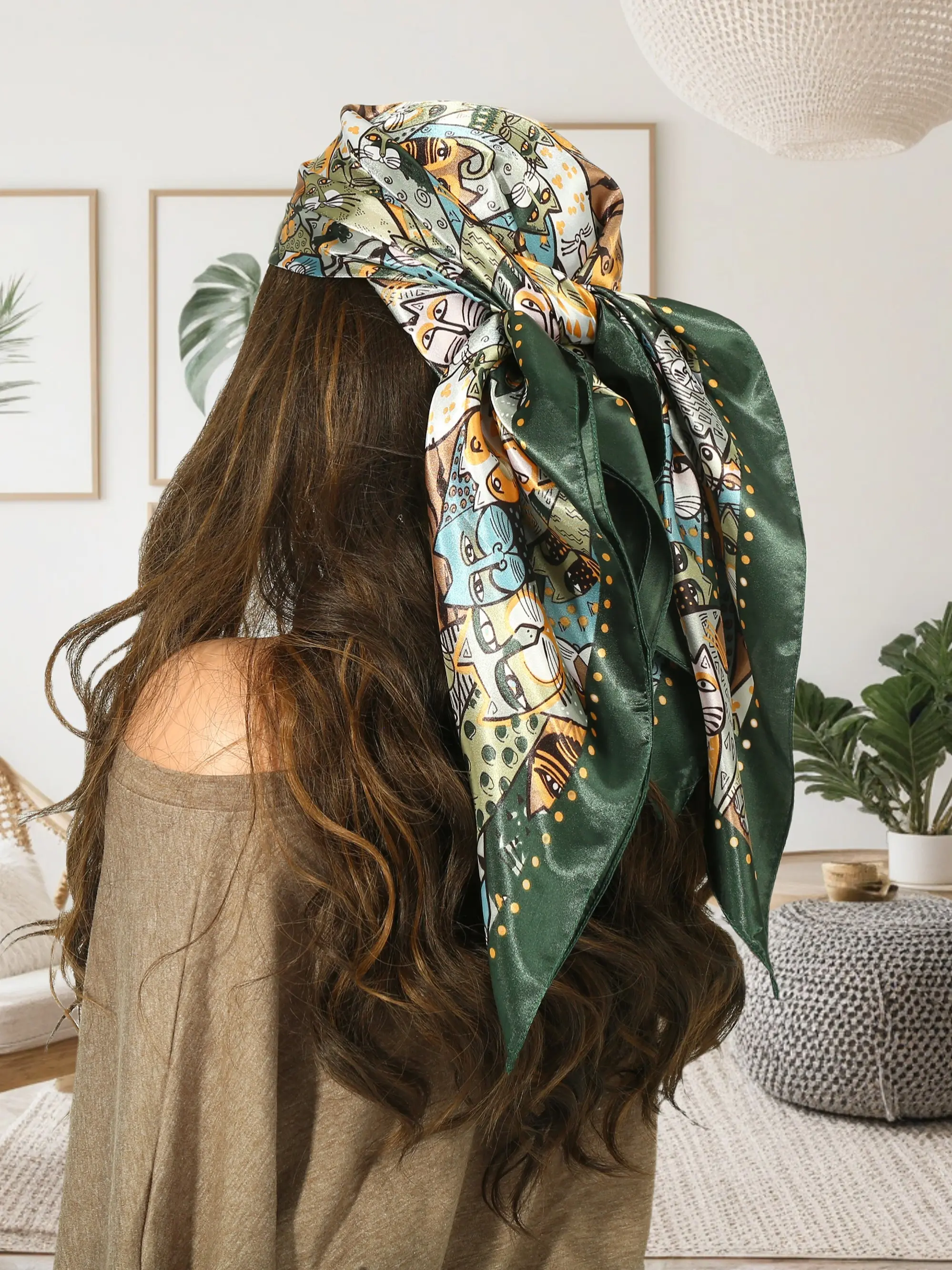 Women's Cute Cartoon Cat Pattern Square Scarf, Fashionable Soft Comfortable Scarf for Daily Wear, Casual Versatile Scarf for Women & Girls