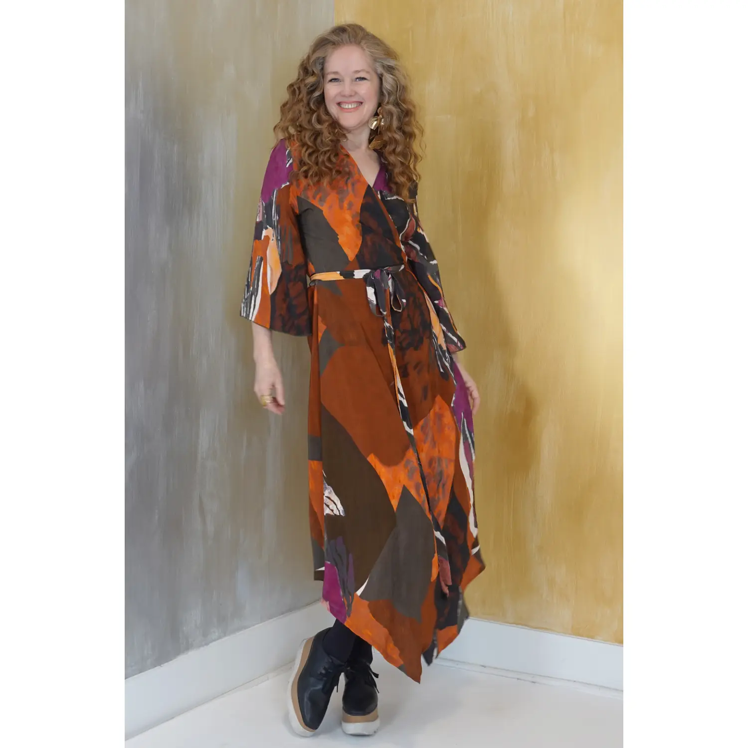 Italian Wrap Dress Brown and Olive Print
