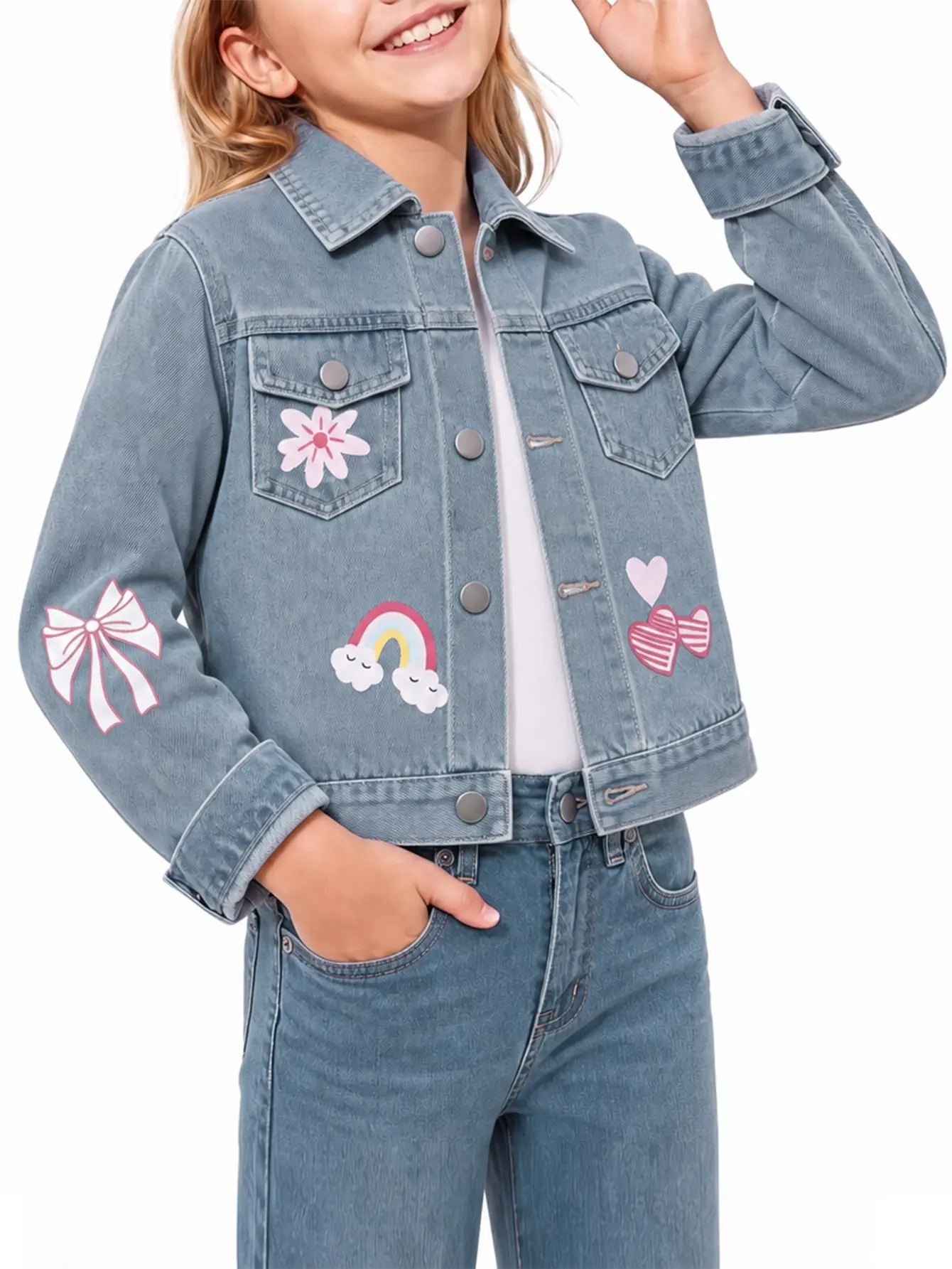 Kids Girls Denim Jacket 3-12 Years Old, Cute Rainbow Floral Print Lapel Jean Coat, 3D Bow Decor Back Outerwear, Spring Autumn Casual Daily Wear