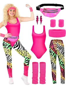 80s Retro Aerobics 7 - Piece Costume Set - Neon Leotard and Leggings for 1980s Theme Party
