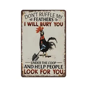 [12x8" Rooster Metal Sign] Vintage Aluminum Metal Sign "Don't Ruffle My Feathers" Rooster Theme Wall Hanging Poster for Outdoor, Garage, Porch, Cafe, Bar, Man Cave, Farm Yard Decor Farmhouse Gift