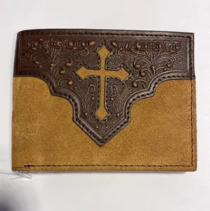 Nocona Men’s Tri-Fold Wallet – Tan Leather with Engraved Cross & Floral Embossing