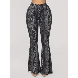 2025 New Fashion Paisley Print High Waist Bell Bottoms - Women's Flare Pants - 100% Polyester Knitted Fabric, All Season,  Comfort Fit Leg Womenswear Trouser Fitted Casual Comfy Stretch(Sheet)