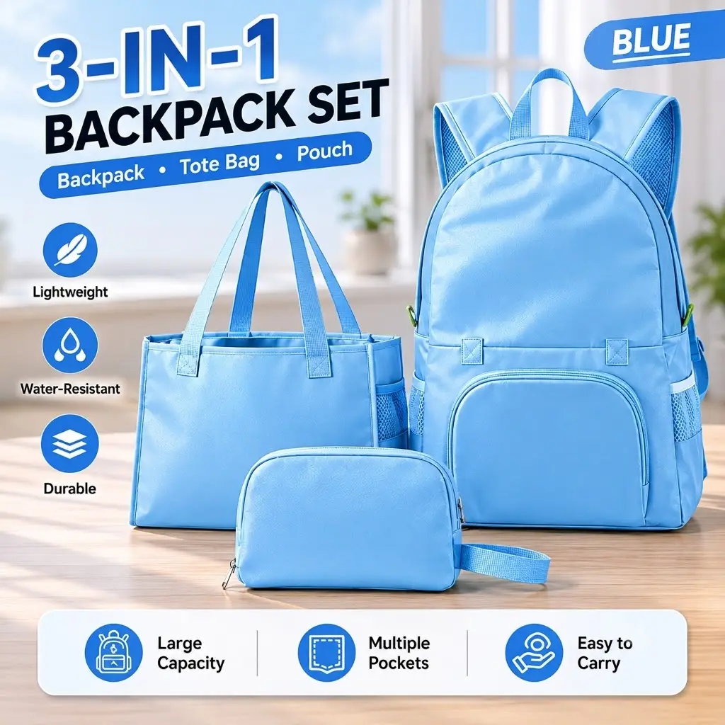 Women's Daypack 3-Piece Set, Solid Color Convertible Rucksack with Crossbody & Pouch, Lightweight & Water-Resistant for Beach & School, Beach Backpack, Commuter Backpack, Traveling Daypack, Back To School Haul, Carry On Backpack, First Day Of School