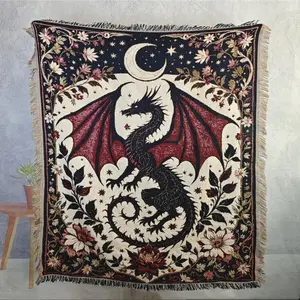 Red Dragon Bohemian Yarn Jacquard Woven with Tassel Chunky Soft Not Printed, Wear-resistant Washable Easy To Care, No Faded No Pilling, Used for Home Decor Sofa Chair Bed Tapestry Tablecloth Floor Garden Picnic Outdoor Camping, Boho Style Blanket