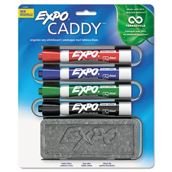 EXPO Magnetic Whiteboard Organizer, Compact Solid Plastic Caddy for Workspace Organization, Mountable with Adhesive, Includes Set with 4 Markers & Foam Eraser